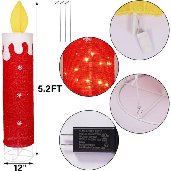 5.2 FT Christmas Lighted Decor Candle, Red Glitter 3D with Flickering Flame - Picture 2 of 8